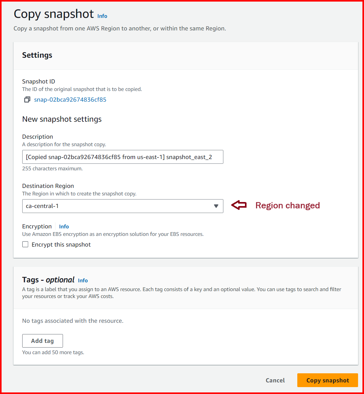 Picture showing the copy snapshot screen for copying the snapshot to other region